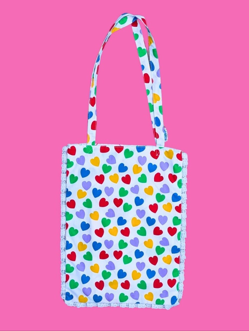 Handmade, Upcycled Colourful Hearts Patterned Fabric Tote Bag